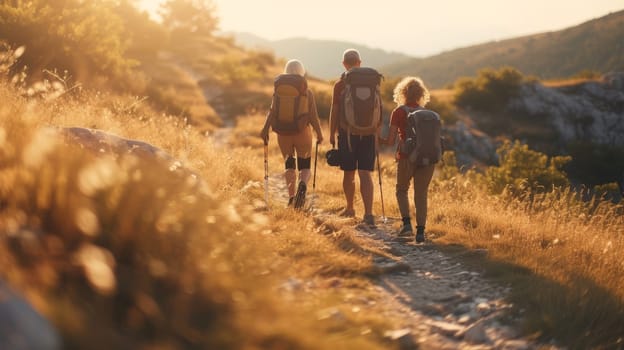 Three individuals hiking through a beautiful natural landscape during the golden hour
