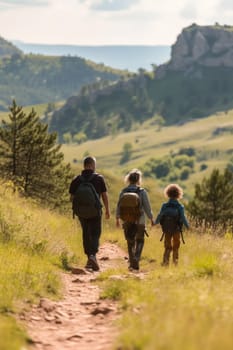 Family of three hiking on a rustic trail, embracing the wilderness under a clear sky