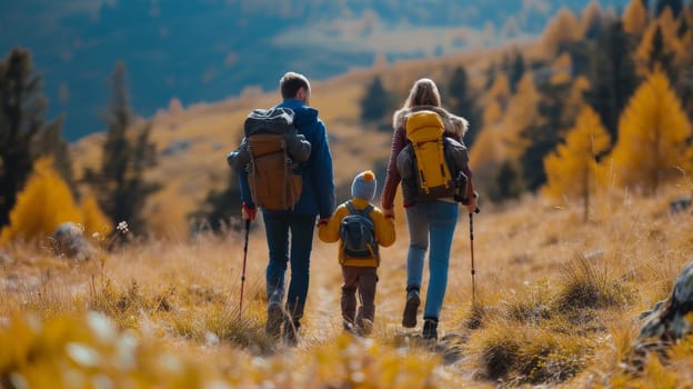 Three family members holding hands while walking on a rural trail in the countryside