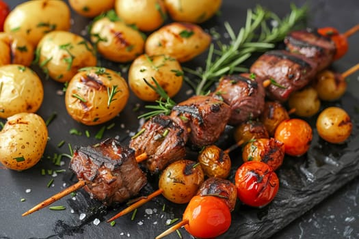 Juicy kebab, served with potatoes in combination with cherry tomatoes.