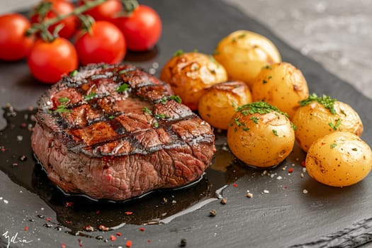 Juicy kebab, served with potatoes in combination with cherry tomatoes.