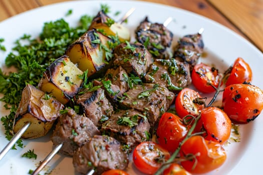 Juicy kebab, served with potatoes in combination with cherry tomatoes.