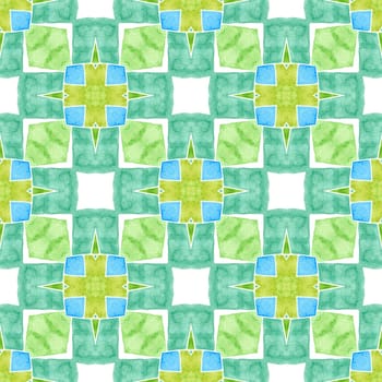 Textile ready adorable print, swimwear fabric, wallpaper, wrapping. Green gorgeous boho chic summer design. Tiled watercolor background. Hand painted tiled watercolor border.