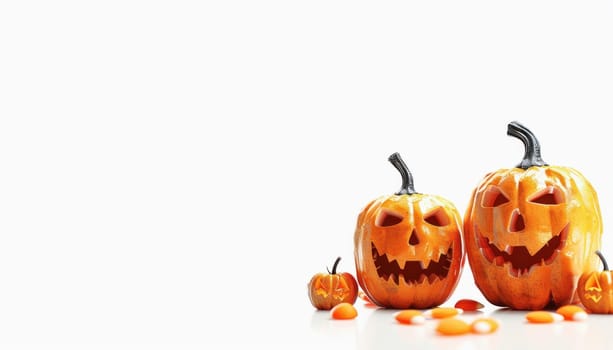 There are two Halloween pumpkins with carved faces on the table, a vegetable popular in the autumn season