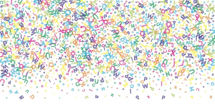Falling letters of English language. Colorful childish flying characters of Latin alphabet. Foreign languages study concept. Back to school banner .