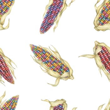 Heirloom Indian corn seamless pattern, rainbow cobs textile, multicolored maize background. Watercolor print for kitchen, clothes, wallpaper, wrapping paper, scrapbooking, food packaging, Thanksgiving