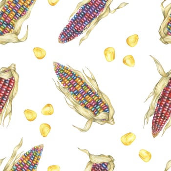 Heirloom Indian corn seamless pattern, rainbow cobs textile, multicolored maize background. Watercolor print for kitchen, clothes, wallpaper, wrapping paper, scrapbooking, food packaging, Thanksgiving