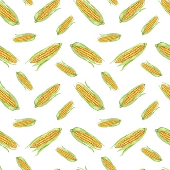 Yellow corn seamless pattern, green husk textile, golden cobs background. Watercolor sweetcorn botanical print design for clothes, wallpaper, wrapping paper, scrapbooking, food packaging, Thanksgiving