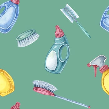 Cleaning tools colorful seamless pattern with spray bottles, detergent, and brushes. Suitable for fabric designs, cleaning service flyers, and educational materials on hygiene