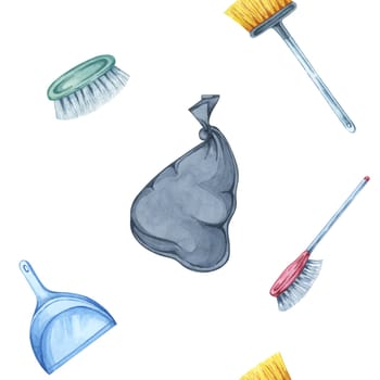 Black garbage bags, brooms, and dustpans watercolor seamless pattern. Background Clipart for use in waste management company branding, educational posters, and custom packaging designs