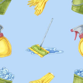 Seamless pattern with buckets, gloves, and spray bottles. Watercolor clipart for wrapping paper, cleaning product advertisements, and backgrounds for educational materials on home hygiene