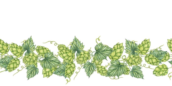 Hops and leaves seamless border in watercolor. Green humulus lupulus repeating pattern banner for Oktoberfest, St Patricks day, beer labels, brewery art. Hop cones clipart for festival, flyers