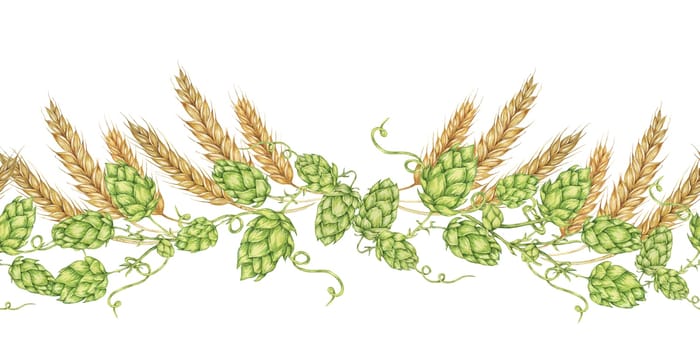 Hops and barley seamless border in watercolor. Green humulus lupulus cones and wheat ears repeating pattern banner for Oktoberfest, St Patrick's day, beer labels, traditional festival clipart