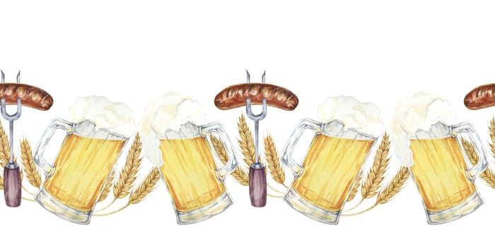 Beer mugs, barley stalks, forks with grilled sausage in continuous line. Seamless border watercolor clipart for pub signs, beer tasting events, Oktoberfest promotions, party supplies