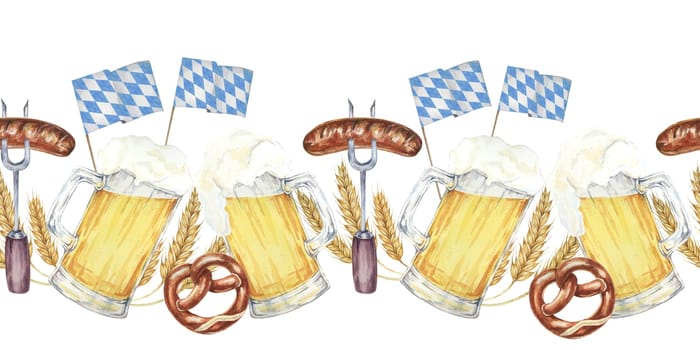 Beer mugs with foam, pretzels, barley, sausages and blue-and-white Bavarian flags banner clipart. Watercolor seamless border for creating Oktoberfest-themed invitations, menus, festive event banners.