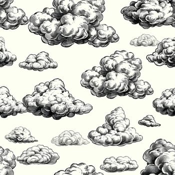 seamless pattern: clouds drawn by hand with a pen, in the style of an engraving. Generated AI