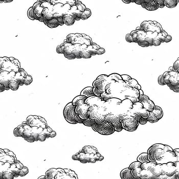 seamless pattern: clouds drawn by hand with a pen, in the style of an engraving. Generated AI