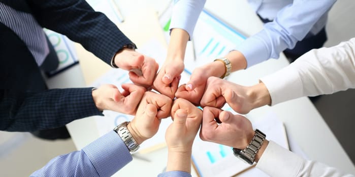 Group of people show OK or confirm with thumb up during conference closeup. High level quality product serious offer excellent education mediation solution creative advisor participation concept