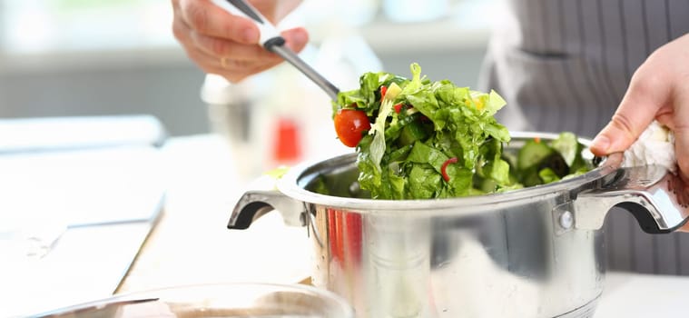Male Hands Mixing Organic Chopped Vegetable Salad. Chef Cooking Dish with Lettuce, Tomato and Cucumber in Saucepan. Healthy Dieting Food Ingredient. Home Culinary Recipe Horizontal Photography