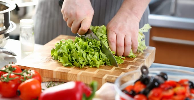 Chef Hands Cutting Green Fresh Lettuce Ingredient. Man Chopping Greens with Sharp Knife on Wooden Cutting Board. Male Cooking Vegetable Dish at Kitchen. Healthy Culinary Horizontal Photography.