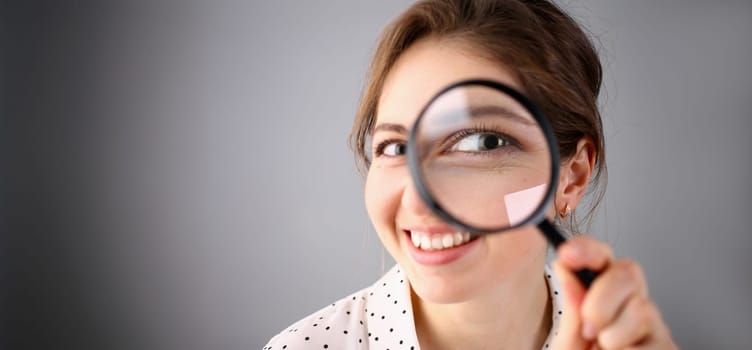 Young beautiful woman portrait looks painful eye lens search on Internet information employer does not find pop-up error 404 in browser issuing popular system queries unique selection optimization.