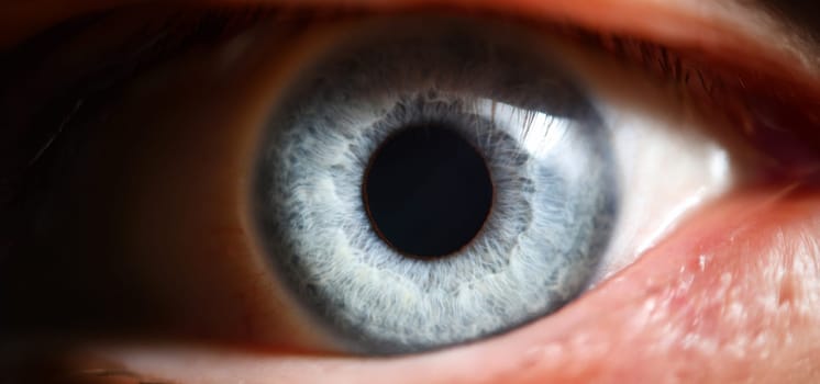 Blue eye male human super macro closeup. Healthy vision test concept