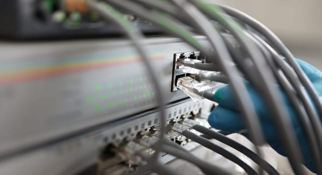 Service and networking database concept .Male technician hand in blue protective glove connects set cable connector to switch closeup.