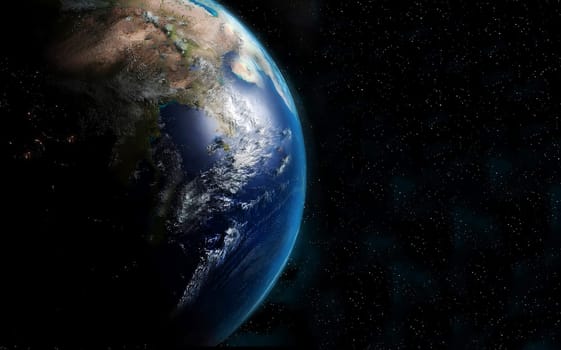 The sphere of the planet Earth in outer space with small stars is shifted to the left of the close-up frame