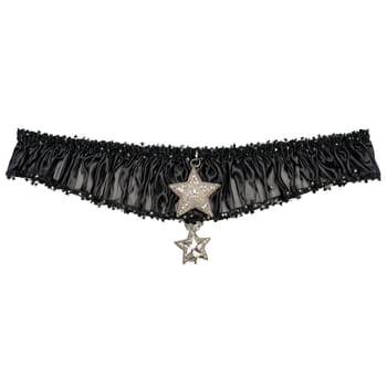 Midnight Magic black satin garter belt with sheer mesh panels and star charms isolated on. Woman lingerie isolated on transparent background.