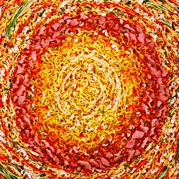 Breakfast noodle soup mandala a mandala of warming breakfast noodle soups with broths and meats. Food isolated on transparent background.