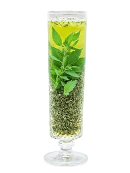 Catnip tea tall glass fuzzy leaves light green calming brew feline favorite. Drink isolated on transparent background.