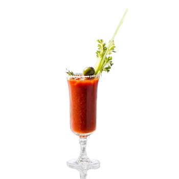 Bloody Mary glass tall and filled with bright red savory cocktail one empty and one. Food isolated on transparent background.