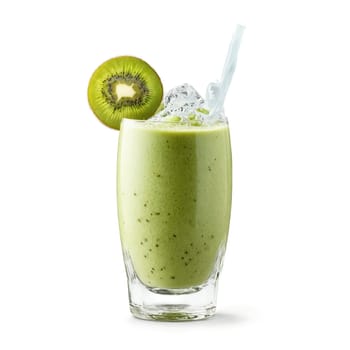 Kiwi smoothie with slices of kiwi yogurt and ice cubes whirling in a glass with. Food isolated on transparent background.