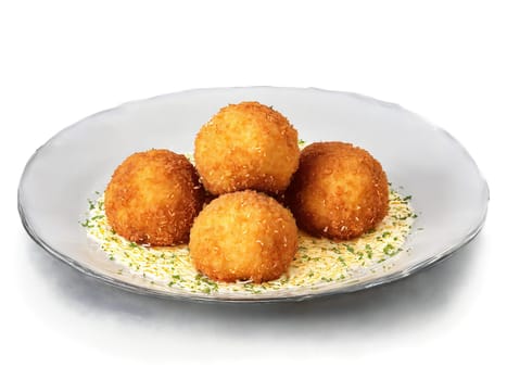 Arancini di Riso crispy fried risotto balls filled with mozzarella served on a transparent glass. Food isolated on transparent background.