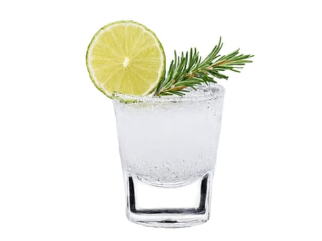 Tequila Shot A bold and spicy shot of tequila in a salt rimmed glass garnished. Drink isolated on transparent background.