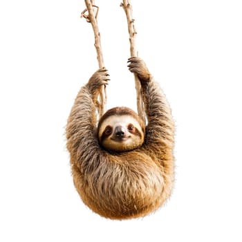 Animal isolated on transparent background. Adorable sloth Folivora hanging lazily from branch fluffy light brown fur peaceful expression Animal photography.