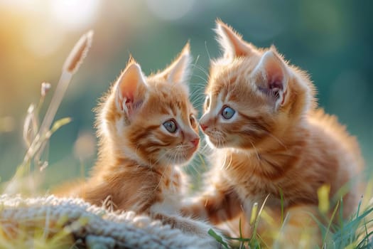 Two little fluffy red kittens on the lawn.