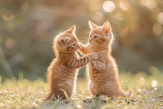 Two little fluffy red kittens on the lawn. AI generated.