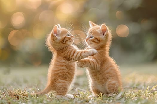 Two little fluffy red kittens on the lawn.
