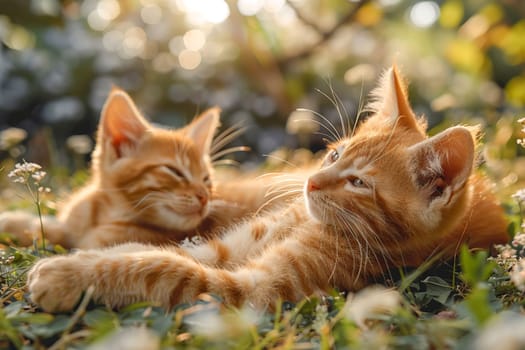 Two little fluffy red kittens on the lawn.