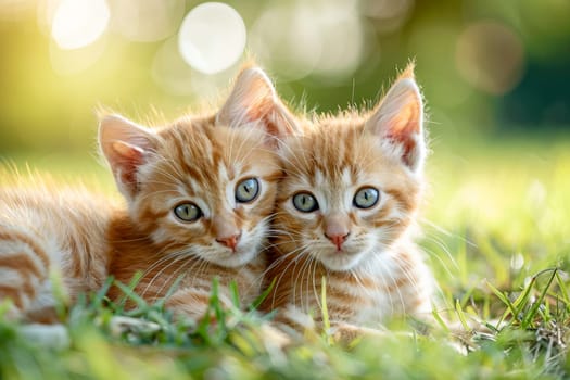 Two little fluffy red kittens on the lawn.