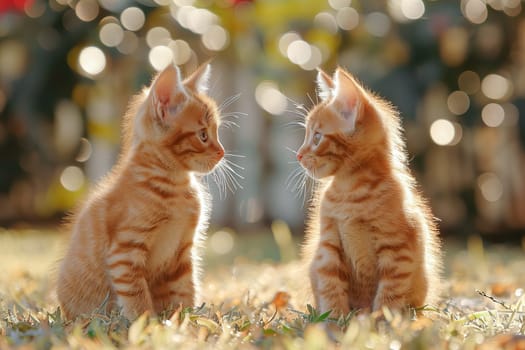 Two little fluffy red kittens on the lawn.
