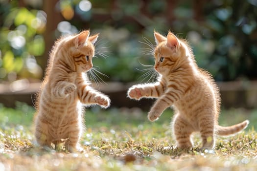 Two little fluffy red kittens on the lawn.
