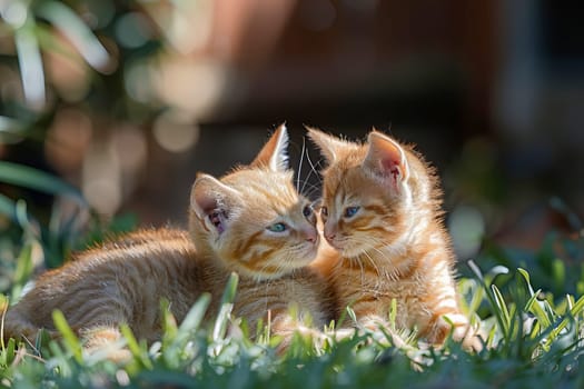 Two little fluffy red kittens on the lawn.