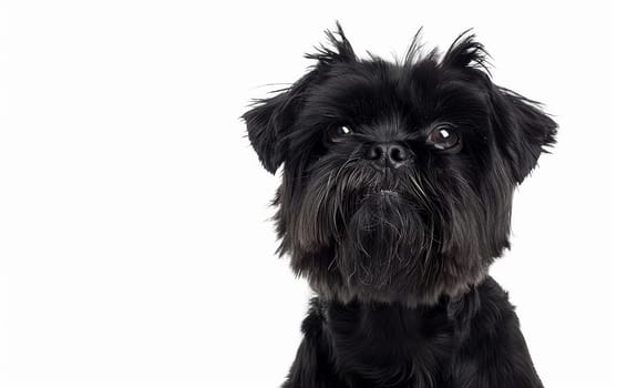 The Affenpinscher's striking gaze is the focal point in this image, set against a pure white background. Its black coat contrasts sharply, adding to the intensity of the moment