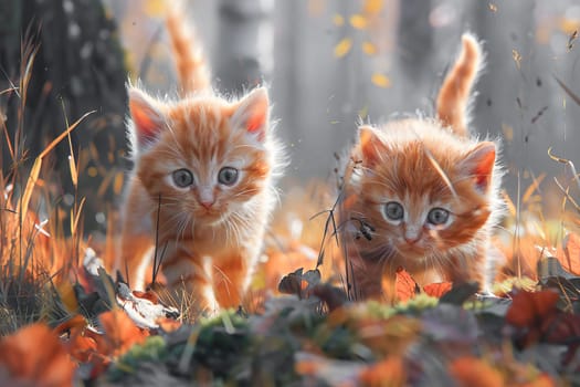 Two little fluffy red kittens on the lawn.