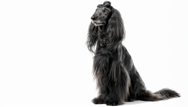 An elegant black Afghan Hound sits attentively, its long, fine coat draping beautifully. The dog's poise and alert expression reflect its distinguished breeding