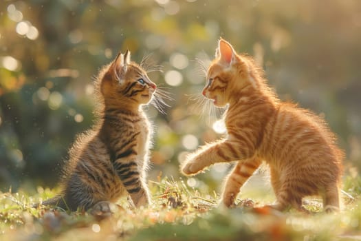Two little fluffy red kittens on the lawn.