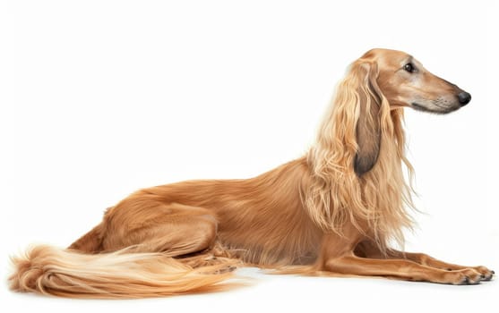 Captivating Afghan Hound poses with elegance, showcasing its luxurious, silky coat and distinguished expression. Its profile highlights the breed's noble features and serene demeanor