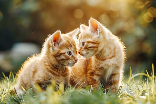 Two little fluffy red kittens on the lawn.